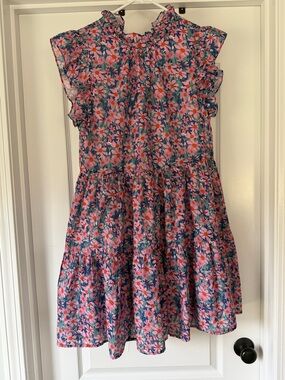 THML Pink & Navy Floral Ruffle Tiered Dress